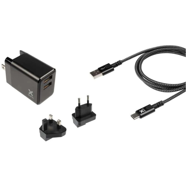 Xtorm Volt Reisstekker - EU/VK/VS naar 2xUSB + USB naar USB-C kabel reisstekker EU/VK/VS, USB-C aanbieding